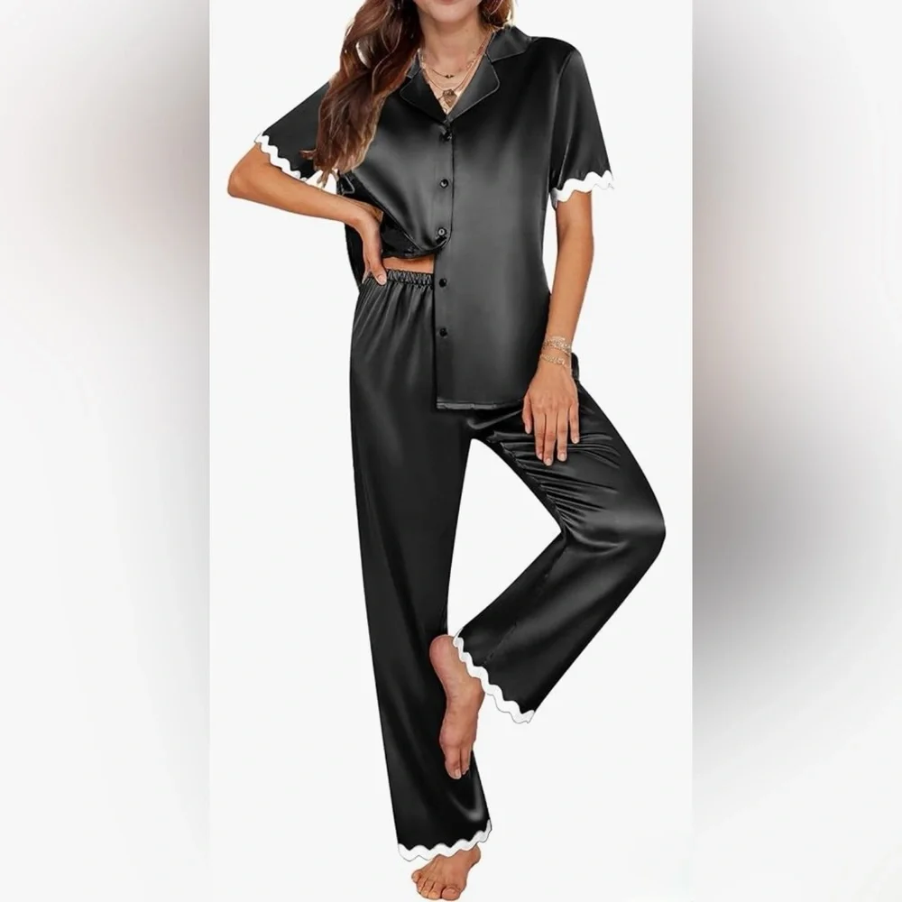 Chic Black Satin Women's Pajama Top Bottoms Medium NWT Short Sleeves White Trim